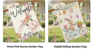 Detailed view of Easter linen garden flags featuring bunny and colorful egg patterns