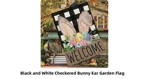 Outdoor Easter garden flag featuring pink bunny ears and buffalo plaid welcome design