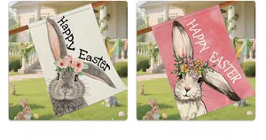 Detail of Easter garden flags featuring hand-painted rabbits and linen canvas texture