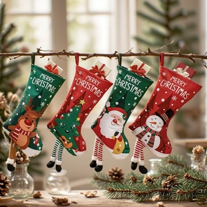 Set of four cartoon Christmas stockings with long striped legs hanging on a rustic branch