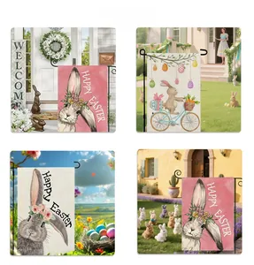 Detailed views of Easter garden flags featuring bunny prints in various outdoor settings