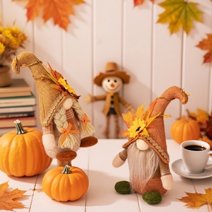 Harvest festival gnomes with sunflowers and maple leaves in a cozy autumn home setting