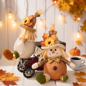 Autumn harvest scarecrow and gnome set with sunflower details for home holiday decor