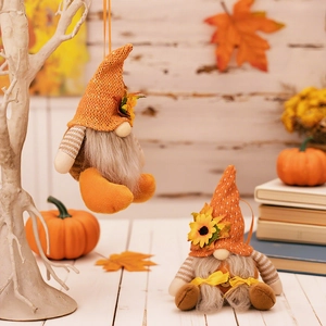 Fall Harvest Gnome plush set with orange knit hats and sunflowers for home decor
