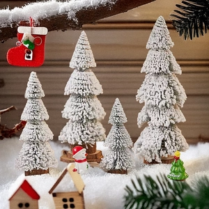 Mini frosted Christmas tree set with snowman and rustic wood cabin desktop decorations
