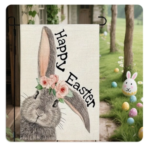 Easter garden flag with cute rabbit illustration and floral wreath on linen fabric