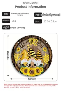 Detailed view of round acrylic honeybee gnome door sign with sunflower and beehive motifs
