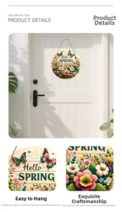 Close-up of Hello Spring wooden sign with vibrant floral prints and rustic twine detail