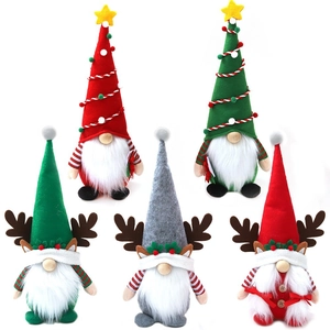 Set of five plush Christmas gnomes with knit hats and reindeer antlers for festive decor