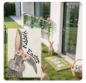 Detail showing the linen texture and high-quality bunny print of the Easter garden flag