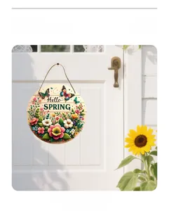 Detail of Hello Spring round wooden door sign with butterfly and flower UV printing
