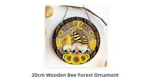 Detailed view of a 20cm wooden bee gnome hanging sign with rustic twine rope