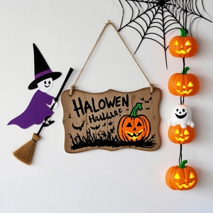 Halloween wooden door sign kit with LED pumpkin ghost lights and spider web decor