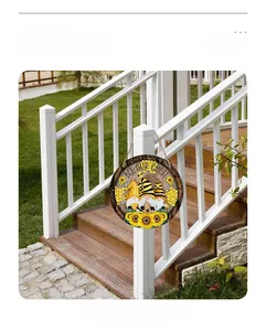 Detail of wooden gnome sunflower round sign hanging on stairs with Bee Our Guest text