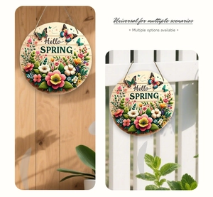 Detail of wooden Hello Spring hanging sign with colorful butterfly and floral design