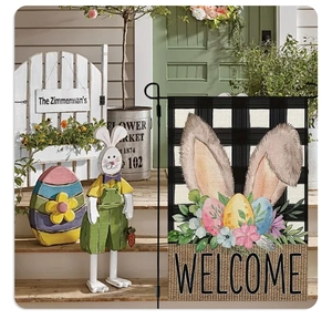Easter garden flag with black and white plaid, rabbit ears and floral welcome design