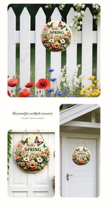 Detail of wooden Hello Spring sign with colorful flowers and butterflies hanging on a fence