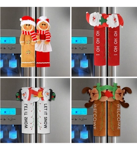 Detail of Christmas fridge handle covers with plush Santa, Snowman and Reindeer dolls