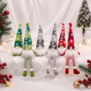 Set of 6 Christmas gnomes with knit snowflake hats and striped legs on festive background