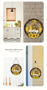 Detail showing the Bee Our Guest gnome sunflower wooden sign in various home settings