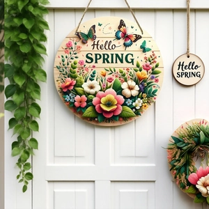Round Wooden Hello Spring Welcome Sign With Floral Butterfly Patterns For Front Door Garden Wall Porch Hanging Home Decoration