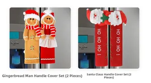 Detail showing Santa and Gingerbread Man Christmas refrigerator handle covers with HO HO HO embroidery