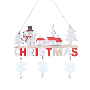 Wooden Christmas hanging decoration with snowman, house and Christmas letter banner