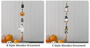 Detail of Halloween wooden bead garland featuring Boo letters and gnome pendants with tassels