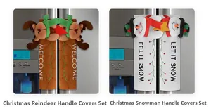 Close-up of Christmas reindeer and snowman handle covers for refrigerator and microwave