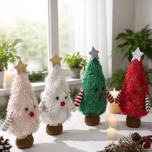 Set of four plush Christmas tree desktop ornaments in pink, white, green and red colors