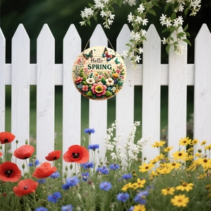 Round wooden Hello Spring hanging sign with colorful butterfly and flower decorations