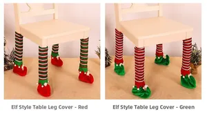 Détail des couvre-pieds de chaise elfe de Noël à rayures rouges et vertes et pompons