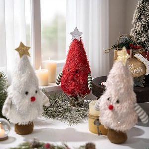 Three plush Christmas tree ornaments in red, white and pink with glittering star tops