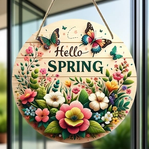 Hello Spring wooden round door sign with floral patterns and butterflies for garden decor