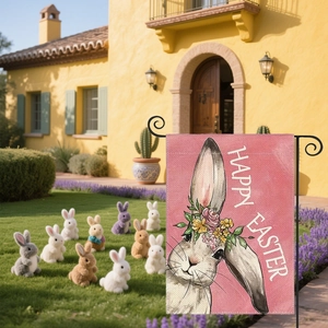 Easter garden flag featuring a cute pink rabbit with floral wreath and Happy Easter text