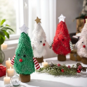 Set of four colorful plush Christmas tree dolls with sequin stars for holiday decoration