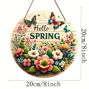 Hello Spring round wooden sign with colorful butterflies and floral clusters, 20cm/8in