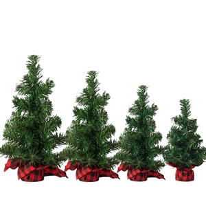 Lot de 4 mini sapins de Noël artificiels avec socles en tissu à carreaux rouge et noir