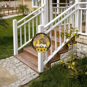 Wooden round sign with Gnomes and sunflowers featuring Bee Our Guest text for home decor
