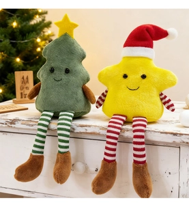 Detail of plush Christmas tree and star figurines with striped long legs and soft texture