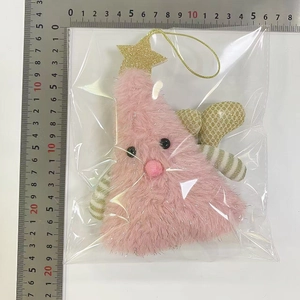 Detail view of pink plush Christmas tree pendant dimensions with gold star and sequins