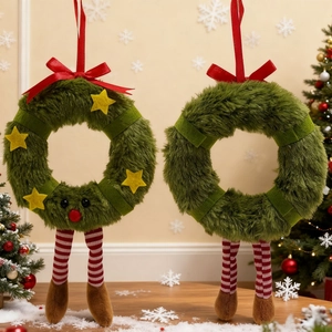 Plush Christmas wreath hanging decorations with reindeer motifs and striped legs
