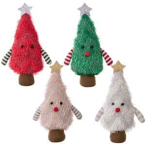 Set of four plush Christmas tree figurines in red, green, beige, and white colors