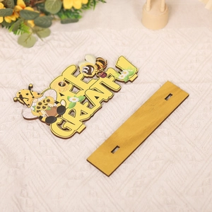 Rustic wooden Bee Happy desk ornament with sunflower decor and natural wood base