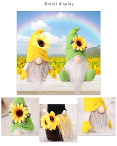 Detail display of sunflower bee gnomes with plush hats and decorative bows