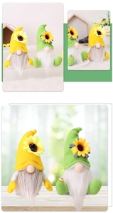 Detail view of sunflower gnomes with tall hats and white beards for harvest decor