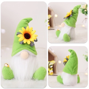 Detail showing front side and back views of a sunflower gnome plush with bee accents