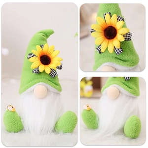 Close-up of harvest gnome plush with sunflower hat and cute bee accents on feet