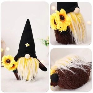 Detail of sunflower gnome plush with textured brown fabric and striped beard