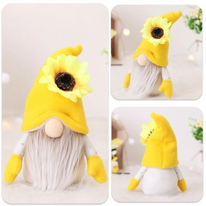 Three-view detail of a plush sunflower gnome with a yellow hat and white polka dot body